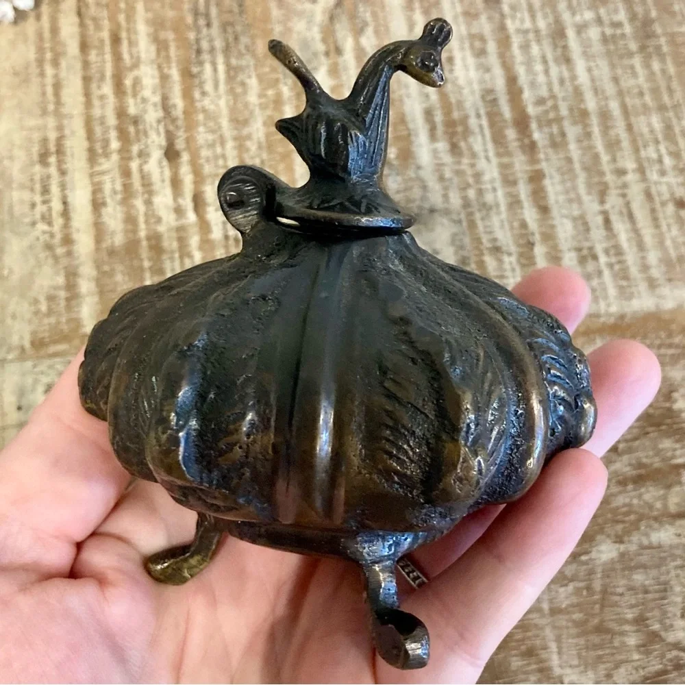 Vintage Ornate Footed Metal Inkwell with Rooster Lid